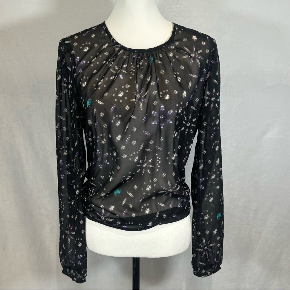 Vince Camuto semi sheer black jewel print top size medium